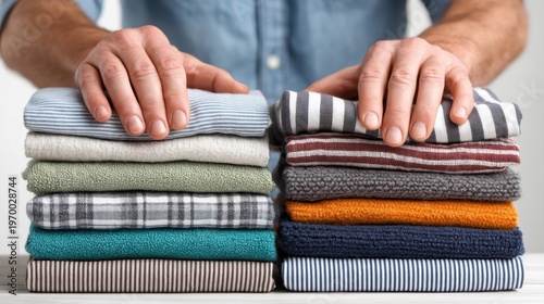 Neatly folded towels in various colors and patterns are being organized by hands on table, creating sense of order and tidiness