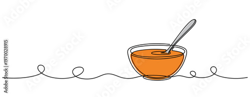 Bowl of soup with spoon resting on minimal line background