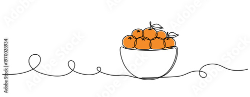 Bowl of oranges stacked on simple continuous line surface