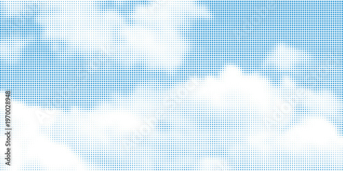 Halftone cloud background. White dotted clouds in blue sky. Comic pop art heaven wallpaper for banner, collage, poster, leaflet, brochure. Rasterized smoke, smog or fog texture. Vector illustration