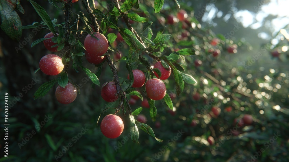 Obraz premium Ripe, reddish fruit clusters hang heavily from leafy branches in a sun-dappled forest setting.