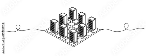 Server racks arranged on grid platform in network illustration