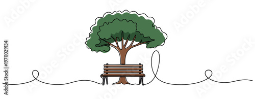 Park bench beneath leafy tree in minimal line art on white background