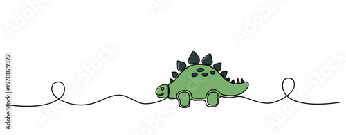 Green stegosaurus toy walking along continuous line background