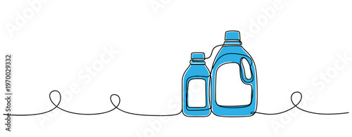 Plastic detergent bottles grouped on wavy line background