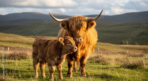 Highland Cow and Calf in a Natural Landscape.