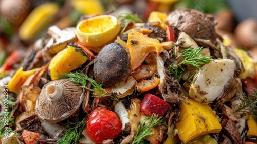 Vibrant pile of vegetable scraps, including mushrooms, peppers, and citrus, is ready for composting. mix of colors and textures highlights natural beauty of organic waste, promoting sustainability