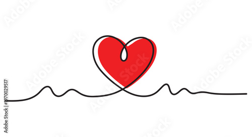 Continuous line heart vector illustration with red fill and a rhythmic pulse wave graphic design.
