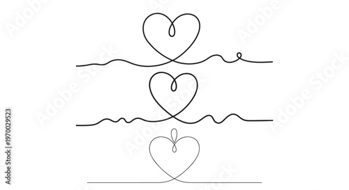 Elegant continuous line art vector illustration featuring three minimalist hearts with flowing lines.