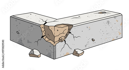 A three-dimensional L-shaped concrete block displays a significant jagged fracture at its corner with scattered debris.