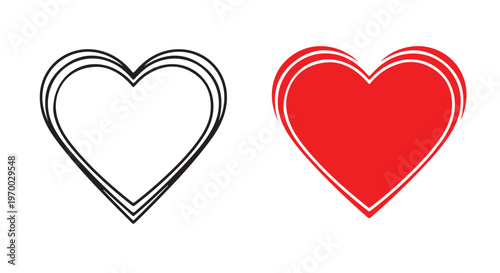 Minimalist vector illustration depicting two heart symbols, a black outline and a solid red form.