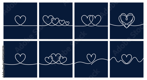 Collection of continuous one-line heart illustrations portraying love, connection, and romantic relationship concepts.