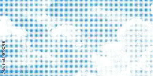 Halftone cloud background. White dotted clouds in blue sky. Comic pop art heaven wallpaper for banner, collage, poster, leaflet, brochure. Rasterized smoke, smog or fog texture. Vector illustration