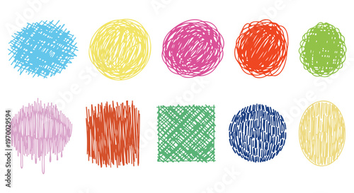 Diverse set of colorful hand-drawn doodle shapes and scribbles in a playful vector illustration design.