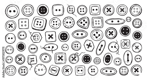 Hand drawn vector illustration featuring a diverse collection of sewing buttons as fashion design elements.