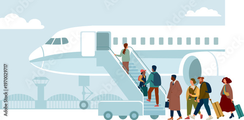 Passengers boarding airplane via stairs with luggage airport scene
