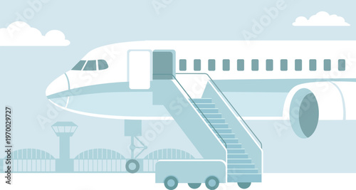 Airplane with boarding stairs and open door ready for passengers airport background