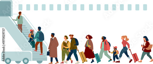 Passengers boarding airplane via stairs with luggage airport scene