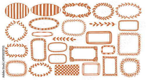 Rustic hand-drawn doodle frames and borders vector graphic illustration set for decorative designs