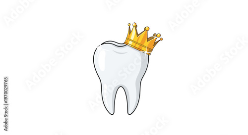 A white cartoon molar tooth with a sparkling, tilted golden crown is slightly angled on a pristine white background.