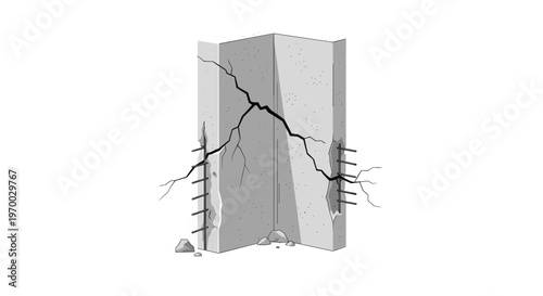A cracked concrete corner column with exposed rebar is depicted against a clean white background.