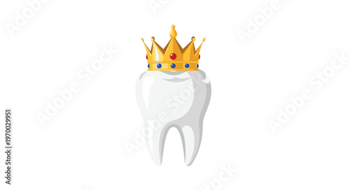 A white cartoon molar tooth with a symmetrically placed golden crown adorned with blue and red jewels is centered on a white background.