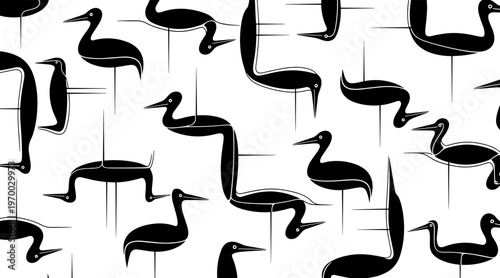 Wading bird silhouettes floating and turning in water pattern, no seamless