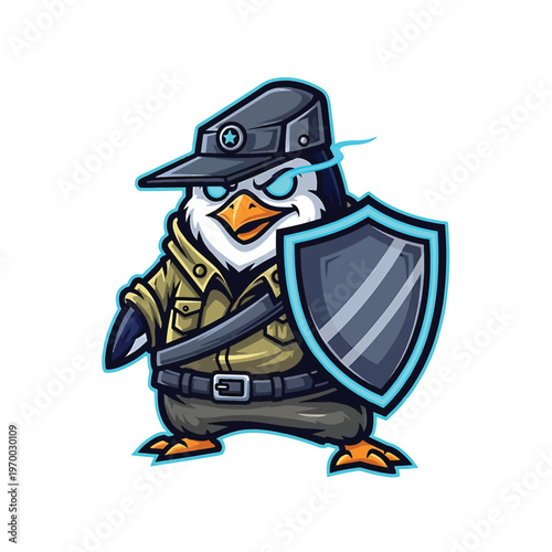 Penguin in soldier outfit with shield and sword