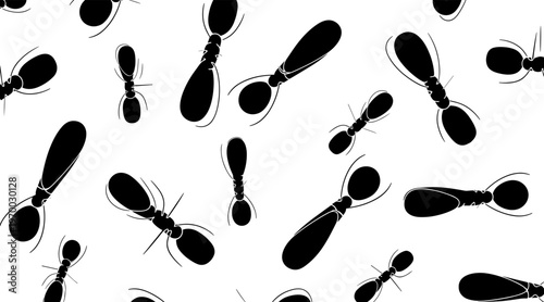 Ant silhouettes crawling across repeating white background pattern, no seamless
