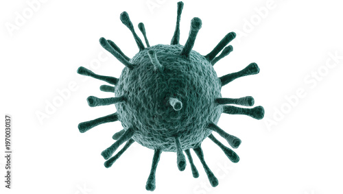 Фотография Detailed teal virus sphere displaying numerous green spike projections, microsco