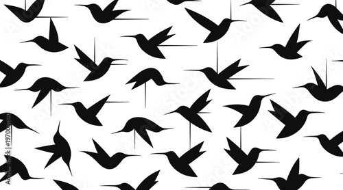 Hummingbird silhouettes flying across white seamless pattern, no seamless