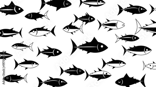 Fish silhouettes swimming scattered across white seamless background, no seamless