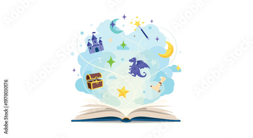 An open blue book emits a swirling cloud of fantasy elements including a castle, dragon, and magic wand on a white background.