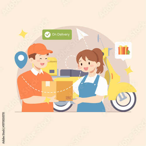 Online Shop Owner Handing Package to Courier for Delivery Flat Illustration