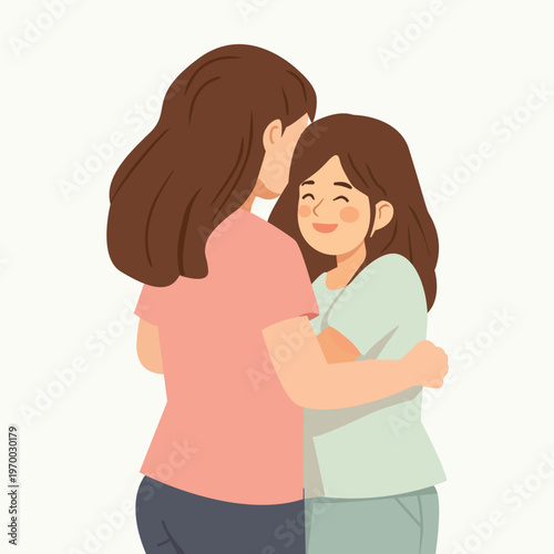 Mother and daughter hugging on white background.