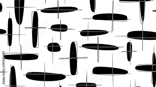 Abstract oval and cross motifs scattered on white background, no seamless