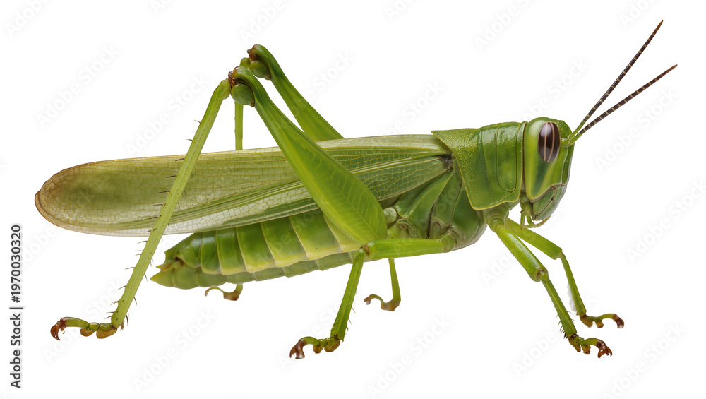 Fototapeta premium Vivid green grasshopper resting, displaying long legs and antennae
