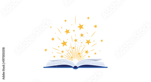 An open blue book emits a vibrant burst of golden stars and sparkling light rays from its pages on a white background.