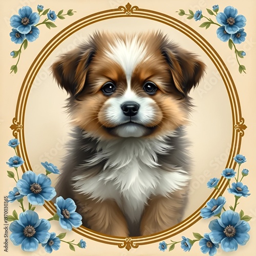 Portrait of a puppy with flowers