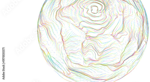 Abstract artwork featuring a globe-shaped design made of colorful flowing lines, creating a data-dr