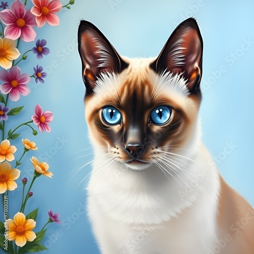 portrait of a siamese cat with flowers