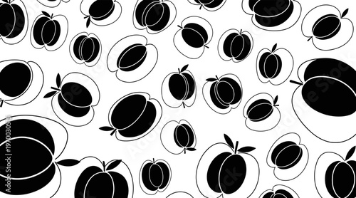 Plums scattered in repeating pattern on white background, no seamless