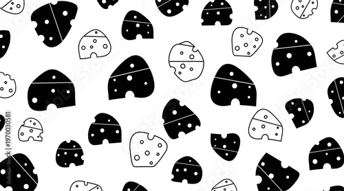 Cheese wedge illustrations scattered on white seamless background, no seamless