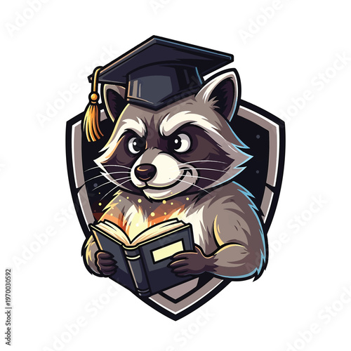 Raccoon Scholar Mascot with Graduation Cap Reading Book