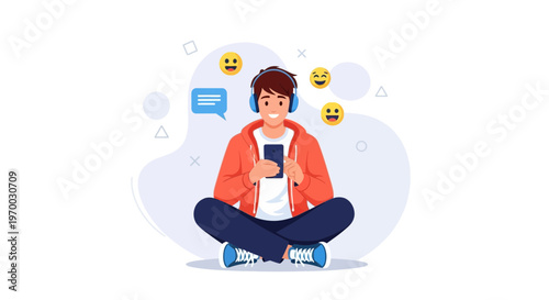 Young man with headphones using smartphone, surrounded by emojis and chat bubbles