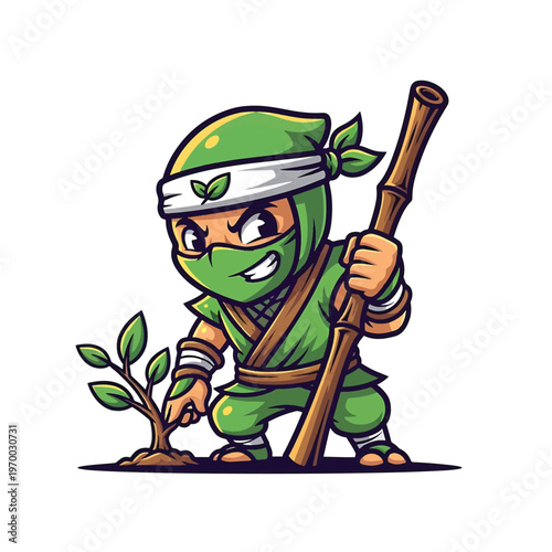 Ninja gardener tending sapling with bamboo staff