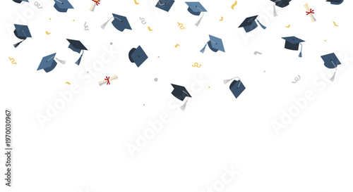 Numerous dark blue graduation caps with tassels and rolled diplomas fall across the upper half of a plain white background.