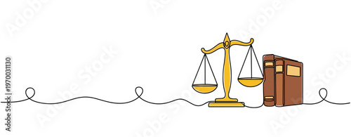 Scales of justice balancing with law books on white background. no editable stroke