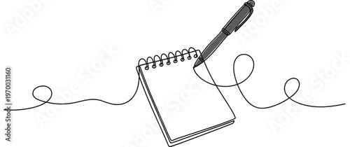 Spiral notebook with pen resting on page with looping line. no editable stroke