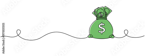 Money bag filled with cash resting on plain white background. no editable stroke